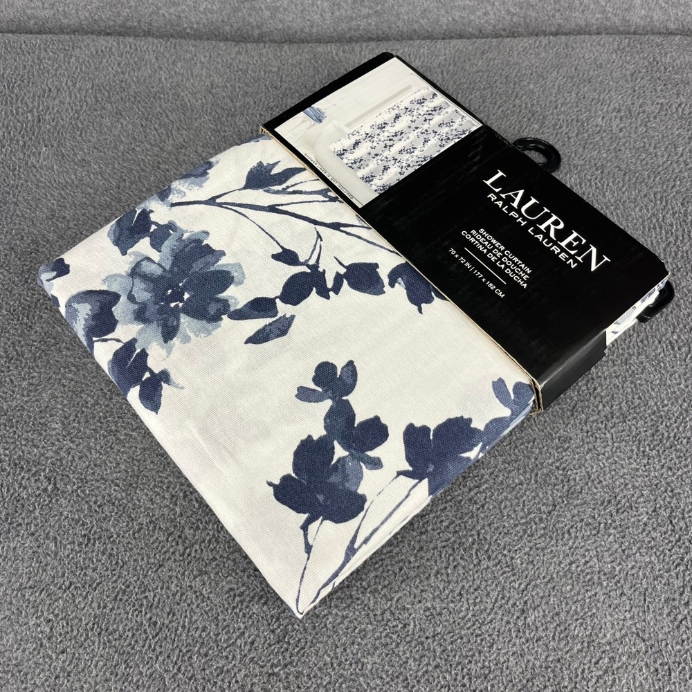 Lauren Ralph Lauren Shower Curtain Blue White Floral Cotton 70x72 Tailored Hem - Picture 8 of 9